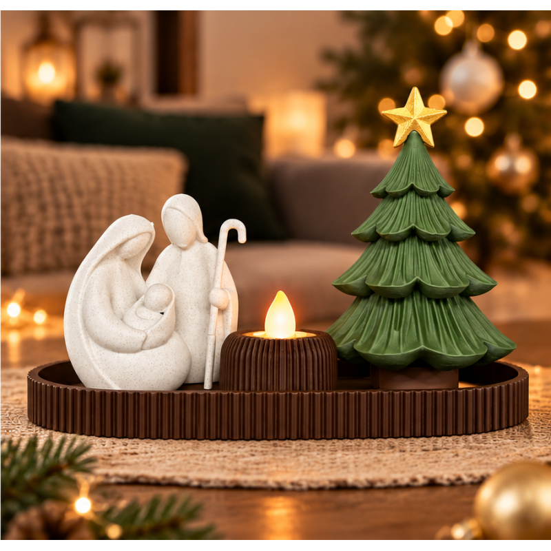 Cozy nativity scene with Christmas tree and candle.